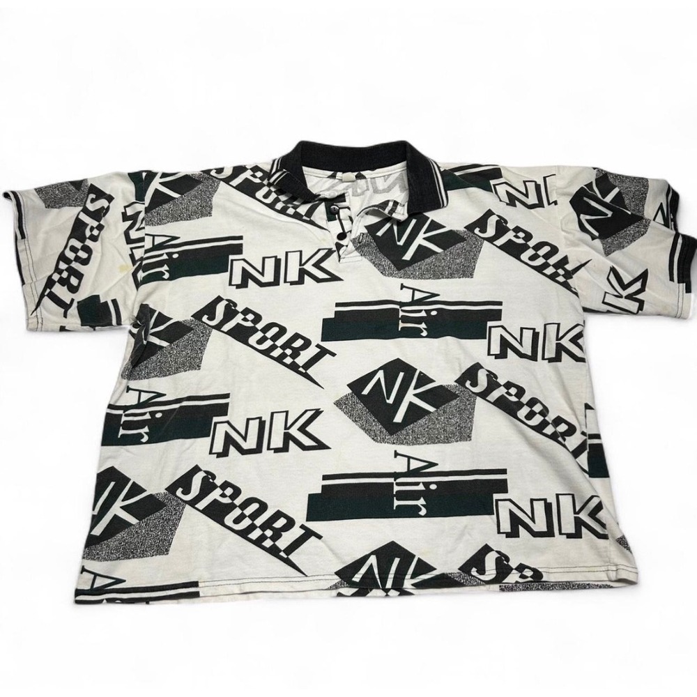 Vintage 90s NK Sport Air All Over Print Polo Shirt Mens Large White Black Green